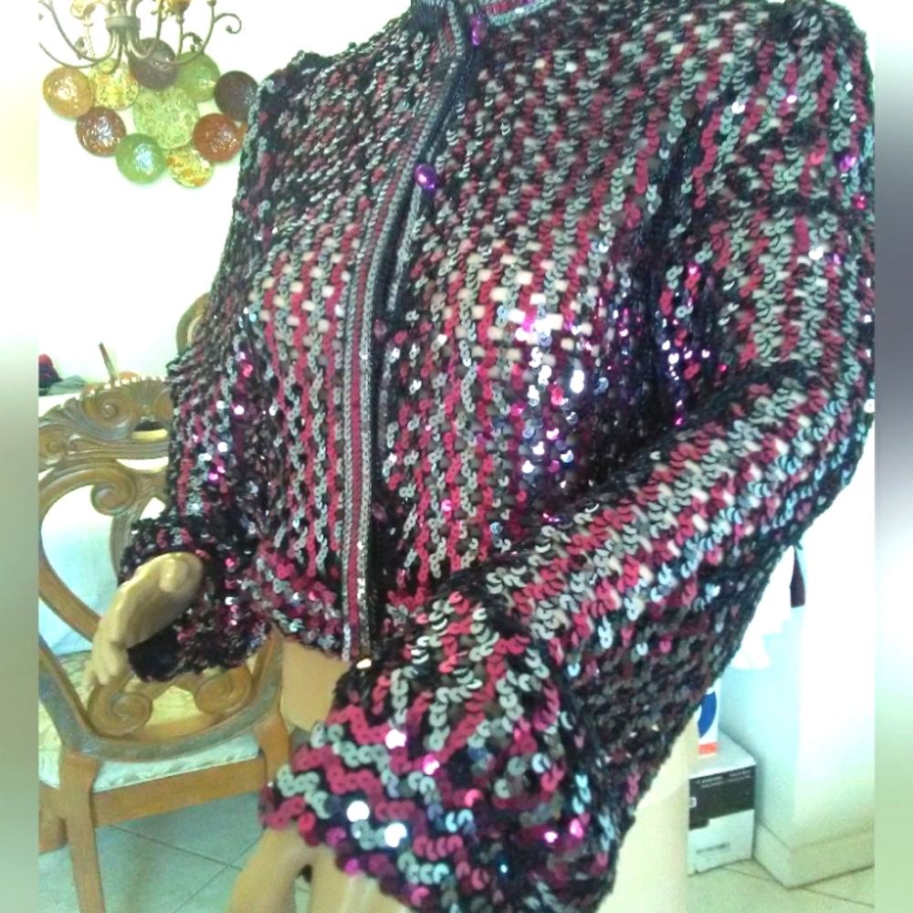 VINTAGE SEQUINED CROP JACKET SHEER UNIQUE BUTTONS BY HARRY ACTION QUILTED BEAUTY - Picture 5 of 11